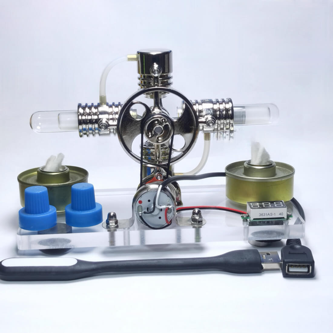 Alpha Type Horizontal Opposed Stirling Engine Model with Generator Science Gift