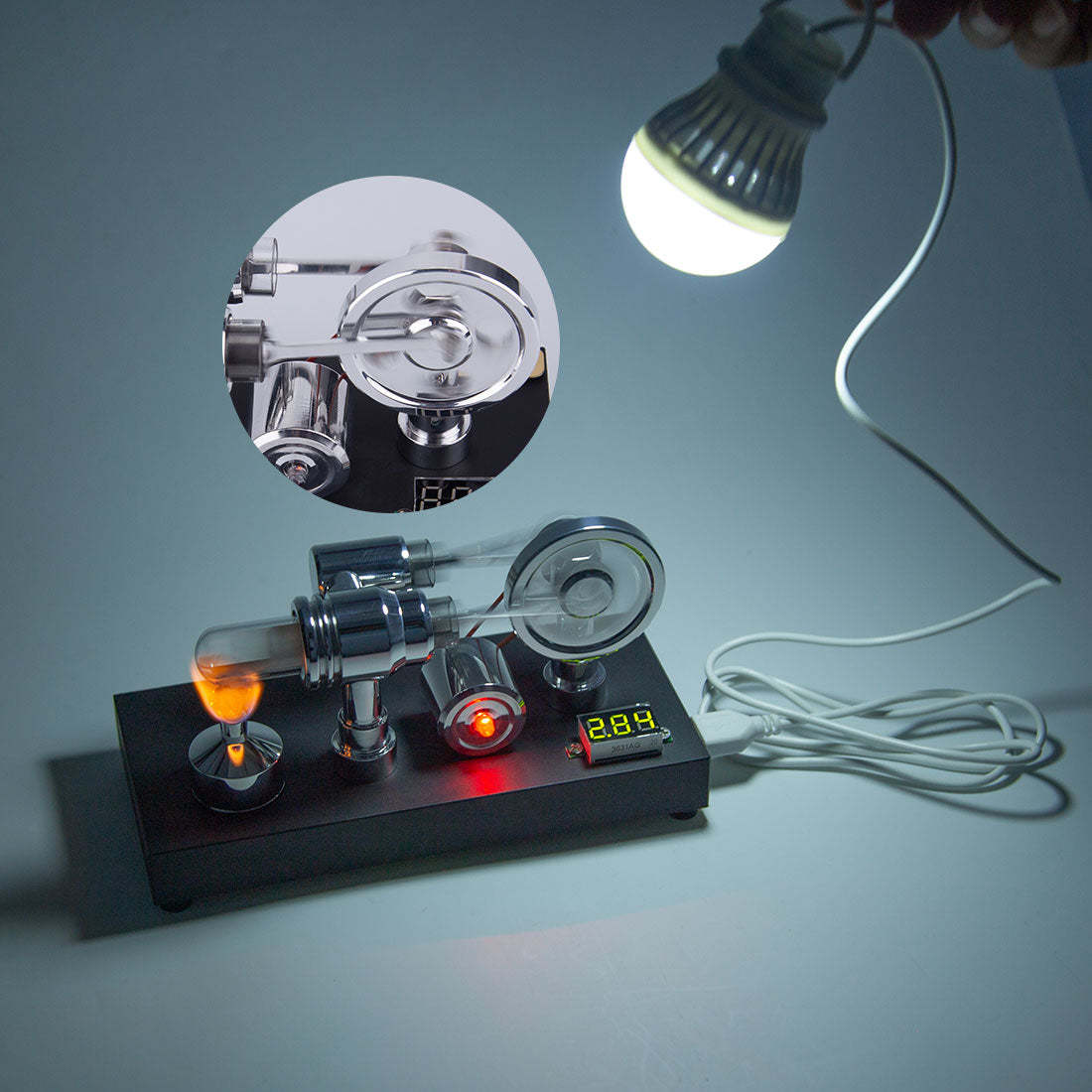 HelloWorld7-Enjomor Gamma Type Hot Air Stirling Engines with Light and Voltmeter