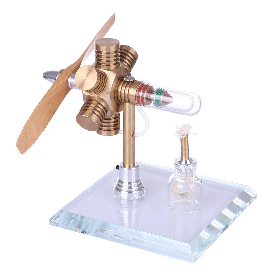Brass Hexagonal Stirling Engine Model with Wooden Propeller Kinetic Art Physics Toy