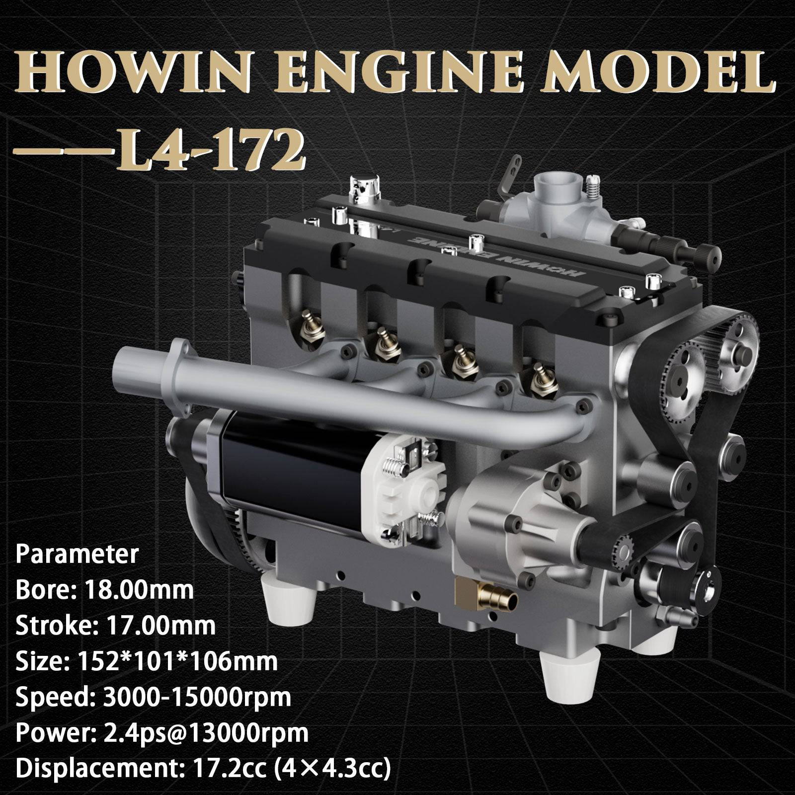HelloWorld7-HOWIN L4-172 17.2cc SOHC Inline 4 Cylinder FOUR Stroke 15000 rpm Nitro RC Engine