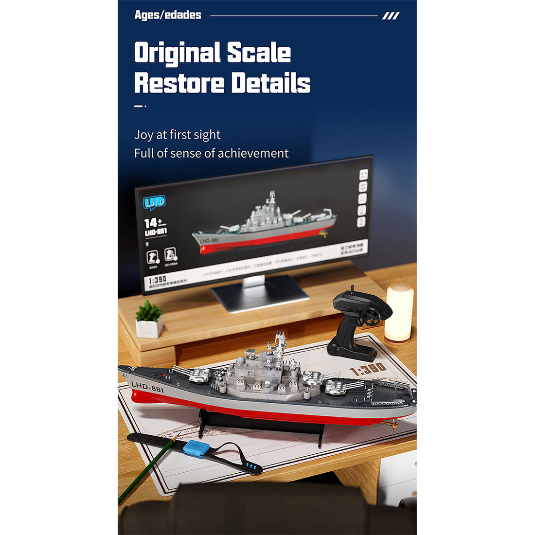 HelloWorld7-LHD-881 RC Boat 1/390 2.4G RC Electric High-Frequency Twin-Engine Battleship Model
