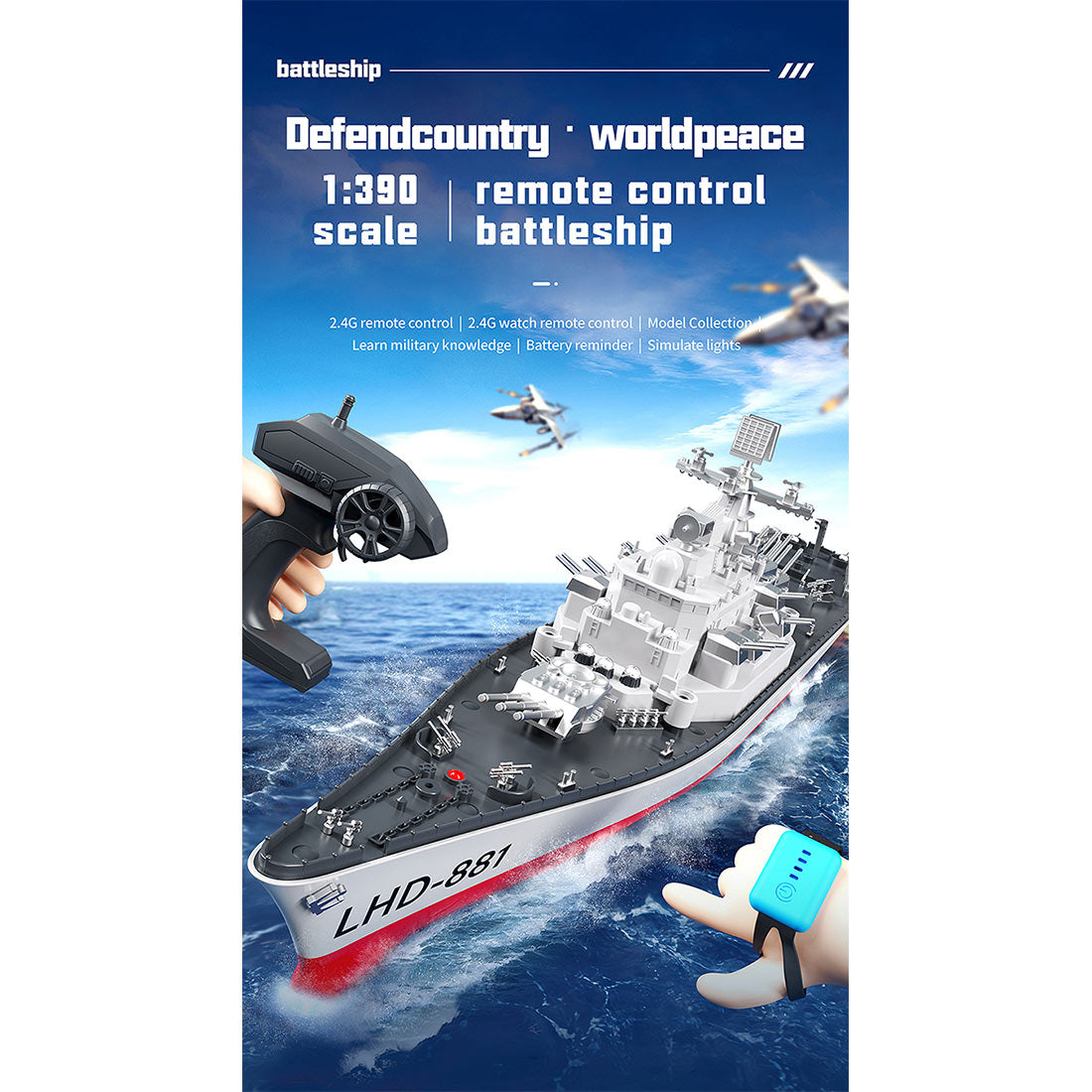 HelloWorld7-LHD-881 RC Boat 1/390 2.4G RC Electric High-Frequency Twin-Engine Battleship Model