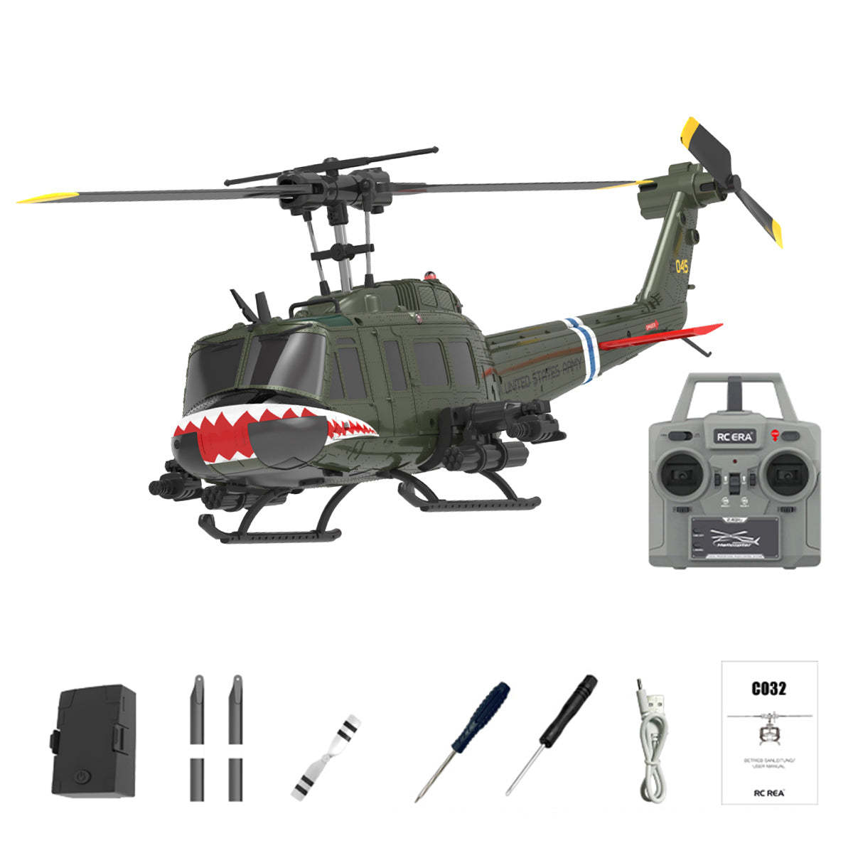 HelloWorld7-RC ERA C032 UH-1 Huey RTF 2.4G 6CH Flybarless 1/48 RC Helicopter Model for Beginner