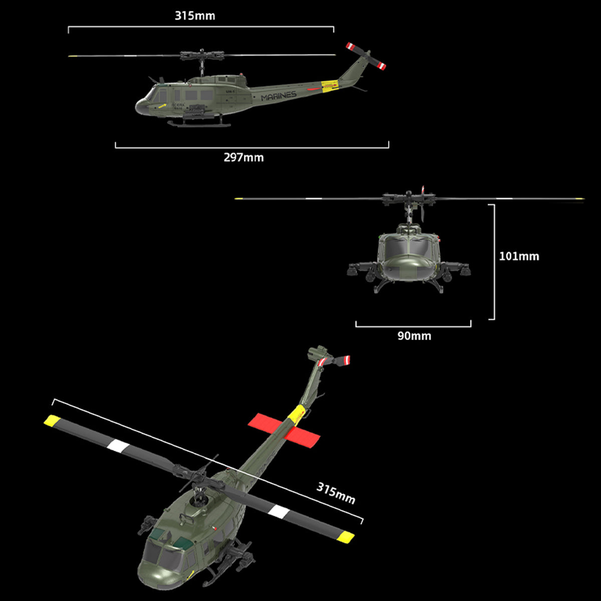 HelloWorld7-RC ERA C032 UH-1 Huey RTF 2.4G 6CH Flybarless 1/48 RC Helicopter Model for Beginner