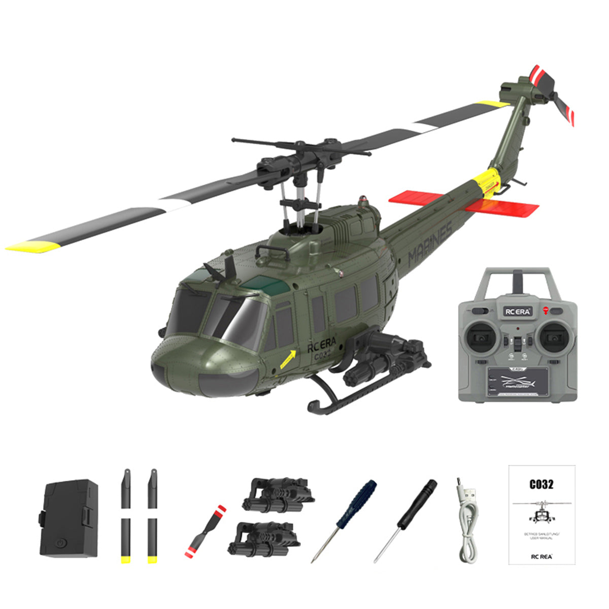 HelloWorld7-RC ERA C032 UH-1 Huey RTF 2.4G 6CH Flybarless 1/48 RC Helicopter Model for Beginner