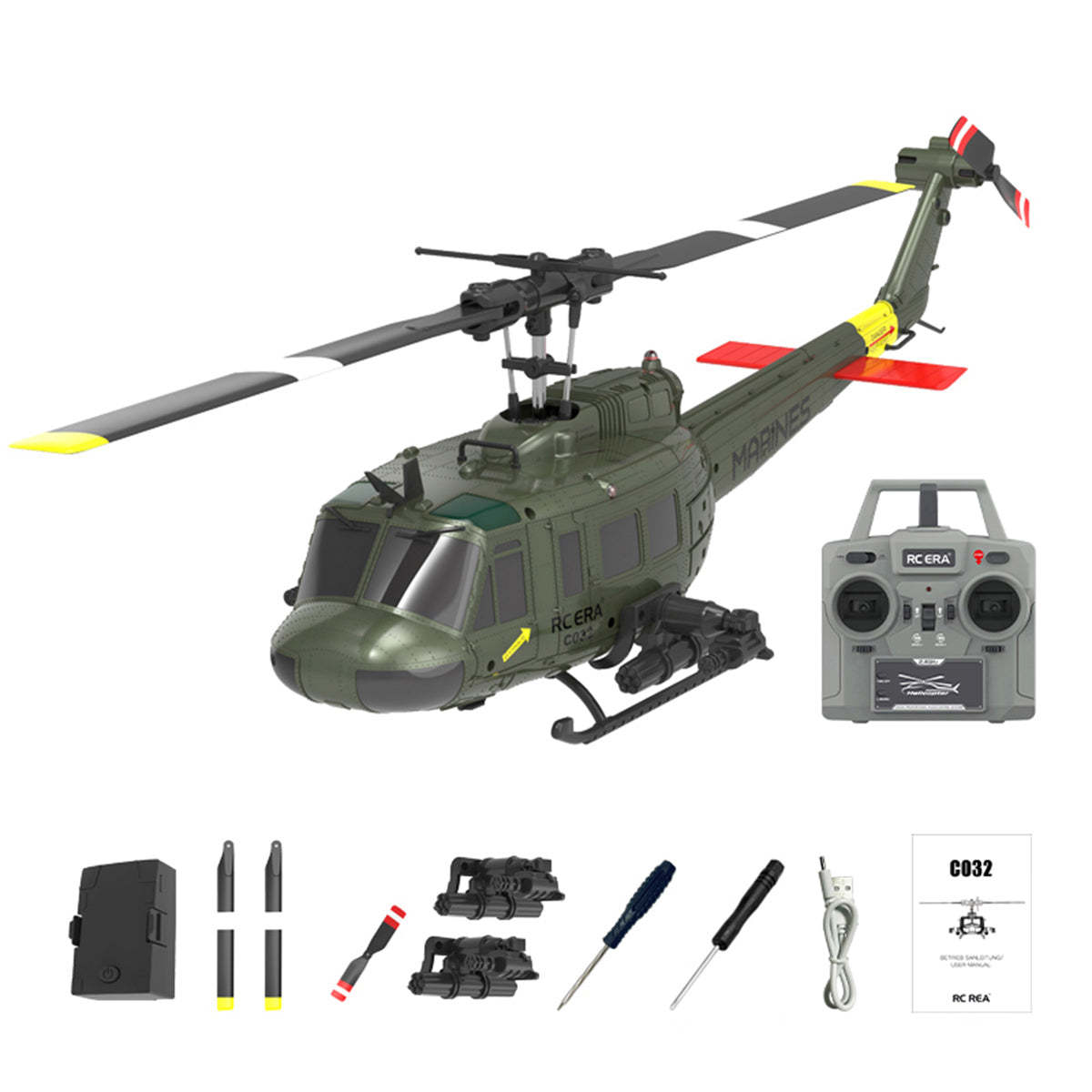 HelloWorld7-RC ERA C032 UH-1 Huey RTF 2.4G 6CH Flybarless 1/48 RC Helicopter Model for Beginner