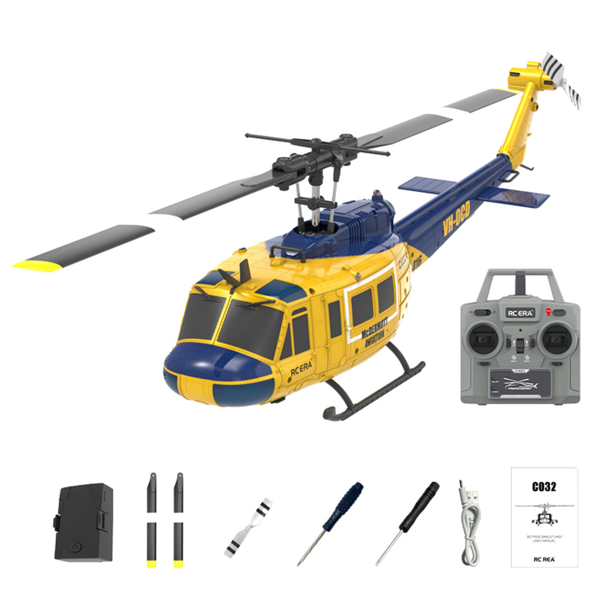 HelloWorld7-RC ERA C032 UH-1 Huey RTF 2.4G 6CH Flybarless 1/48 RC Helicopter Model for Beginner
