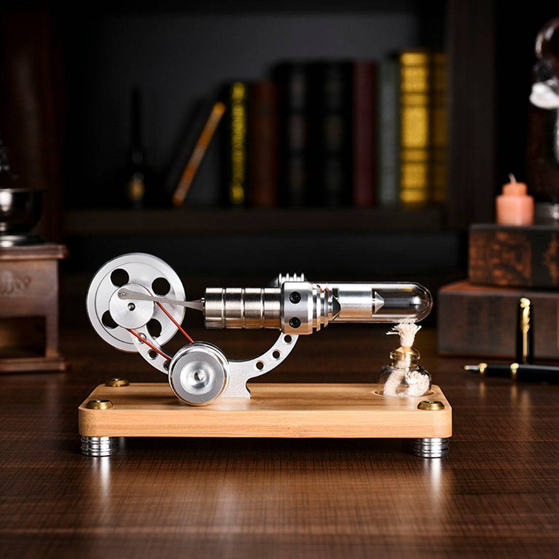 Gamma Type Stirling Engine Generator Model with LED & Bamboo Base Science Gift-helloworld7