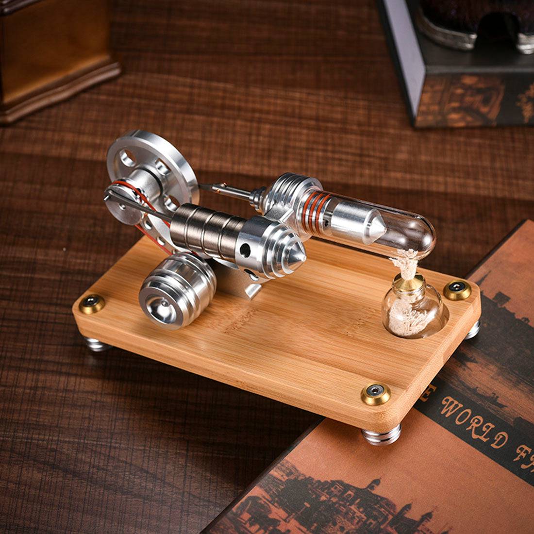 Gamma Type Stirling Engine Generator Model with LED & Bamboo Base Science Gift-helloworld7