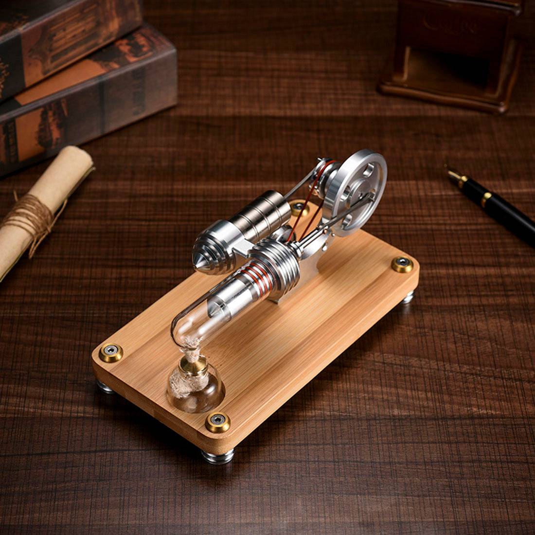 Gamma Type Stirling Engine Generator Model with LED & Bamboo Base Science Gift-helloworld7