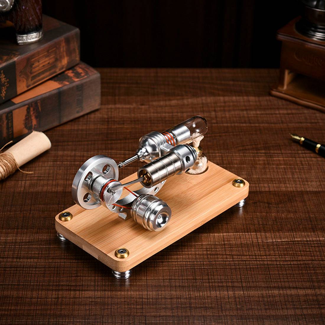 Gamma Type Stirling Engine Generator Model with LED & Bamboo Base Science Gift-helloworld7