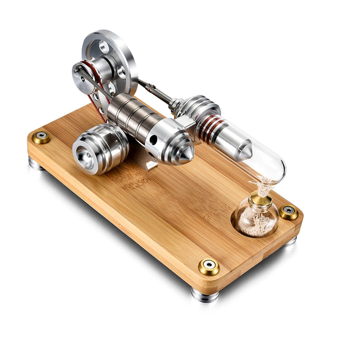 Gamma Type Stirling Engine Generator Model with LED & Bamboo Base Science Gift-helloworld7
