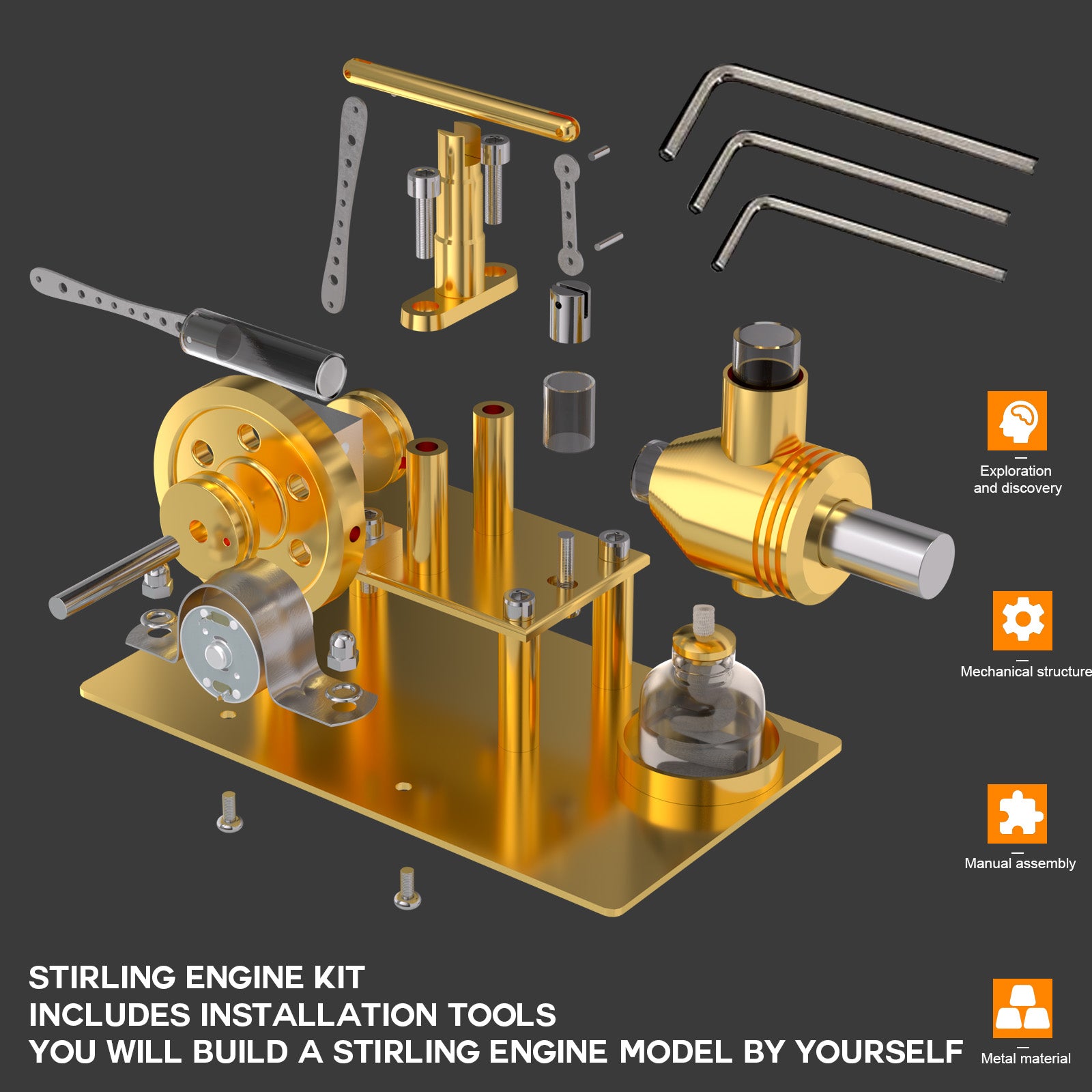 HelloWorld7-ENJOMOR DIY Hot Air Stirling Engine Model Building Kits Golden