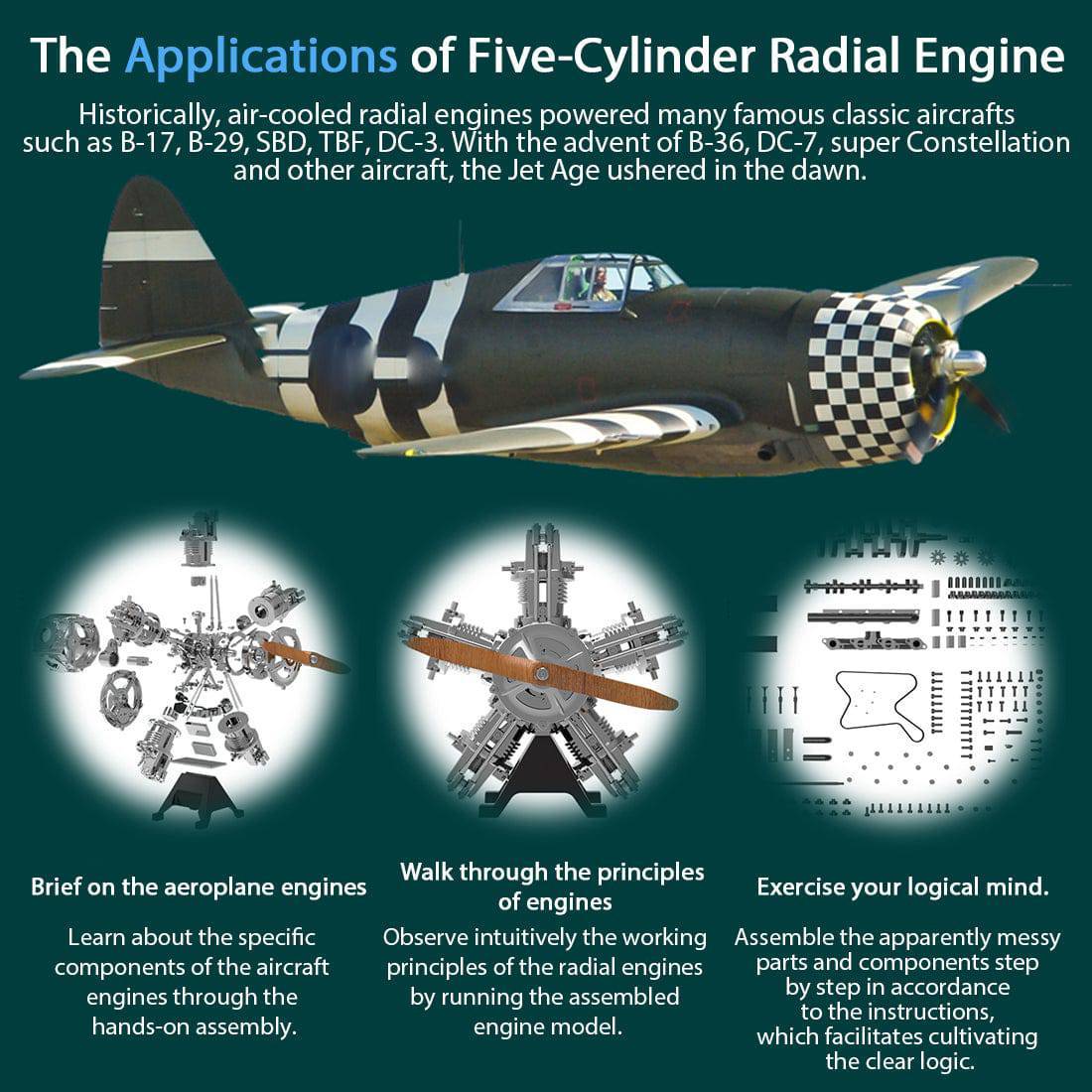 TECHING 1/6 Scale 5-Cylinder Radial Engine Model Kit Metal DIY Assembly Electric Motor STEM Gift-helloworld7