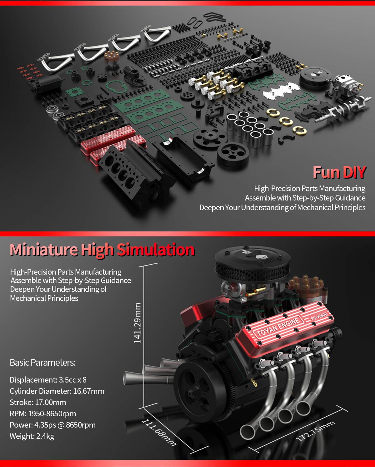 HelloWorld7-TOYAN FS-V800WGPC 1/10 Mini V8 Engine Model Building kits Run on Gas 28cc