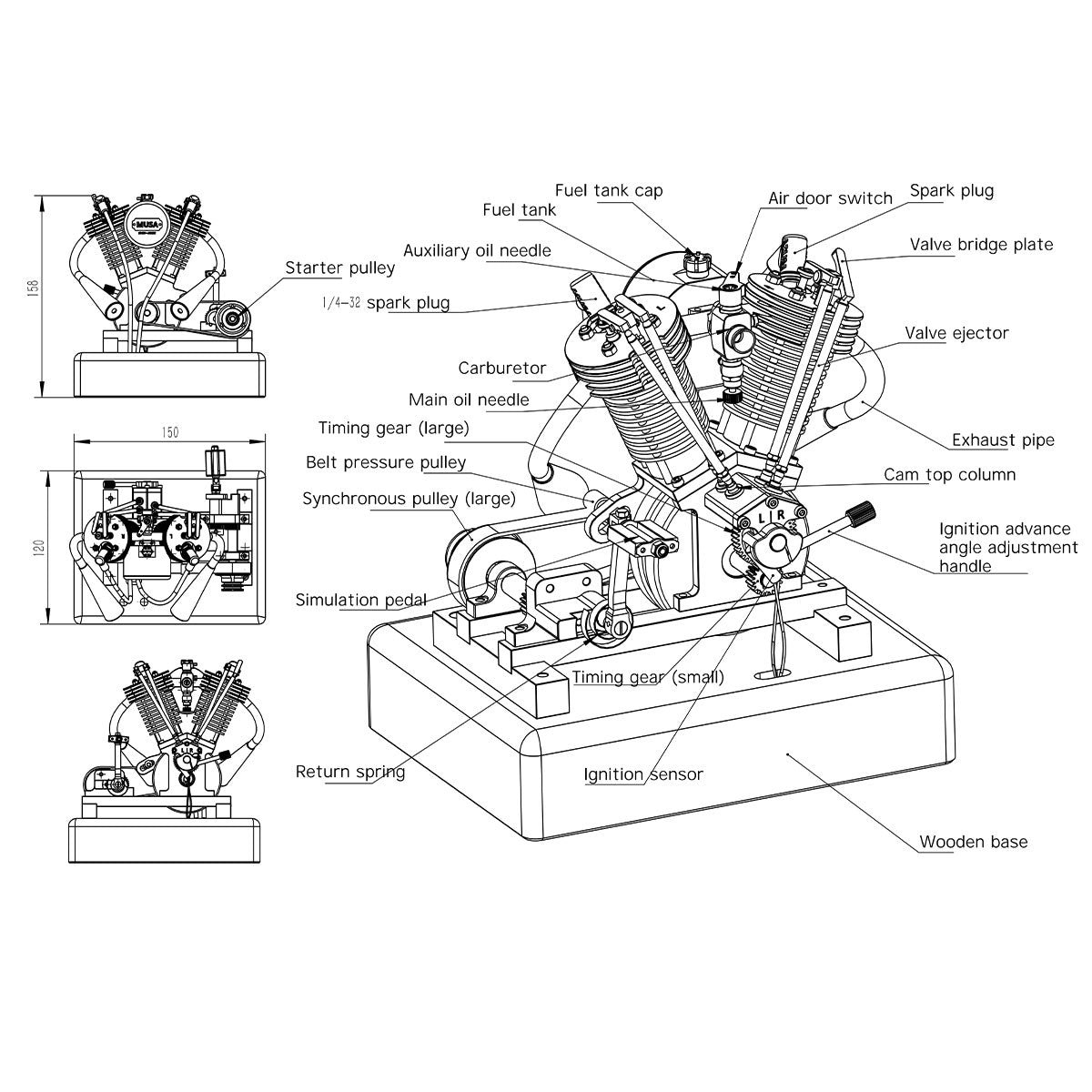 HelloWorld7-MUSA Hoglet Mini V-twin Engine V2 Gasoline 4-Stroke Engine Motorcycle With Kickstarter