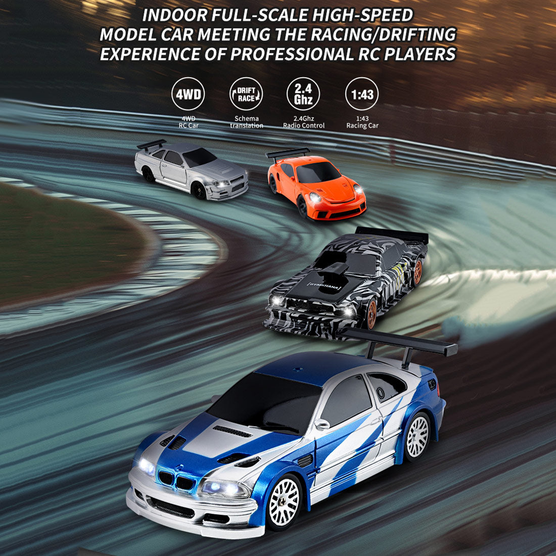 1/43 Scale 4WD 15km/h High Speed Mini RC Drift Racing Car RTR with LED Lights