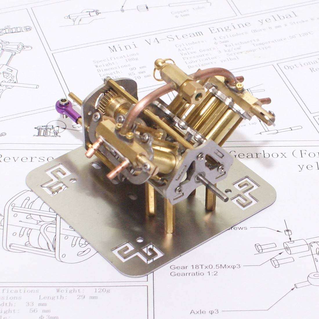 HelloWorld7-Mini V4 Brass Steam Engine Model Reverse Gearbox (without Boiler)