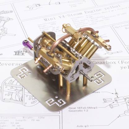 HelloWorld7-Mini V4 Brass Steam Engine Model Reverse Gearbox (without Boiler)