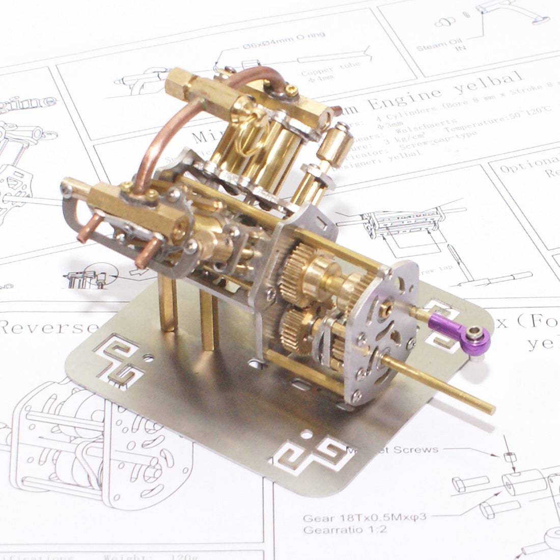 HelloWorld7-Mini V4 Brass Steam Engine Model Reverse Gearbox (without Boiler)
