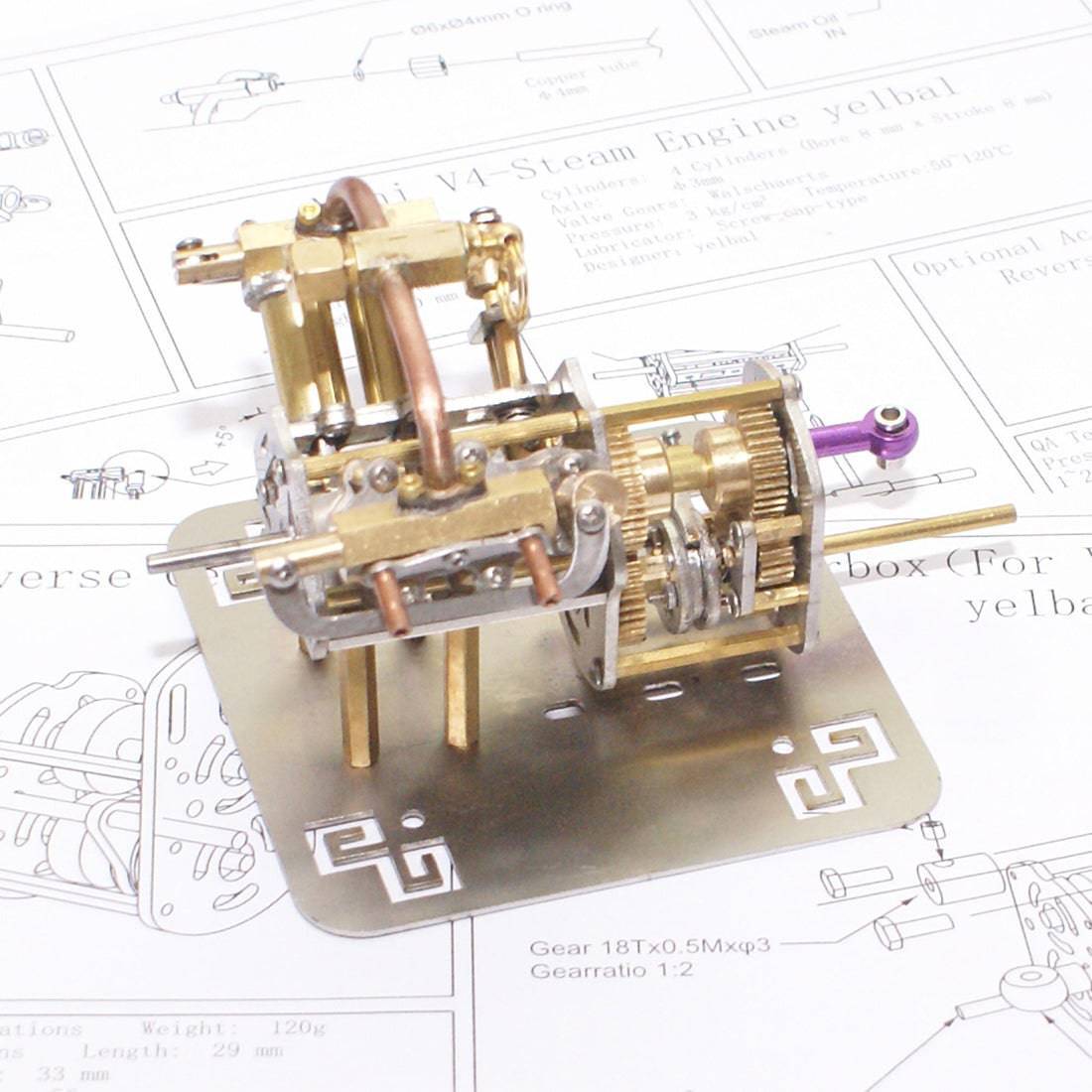HelloWorld7-Mini V4 Brass Steam Engine Model Reverse Gearbox (without Boiler)