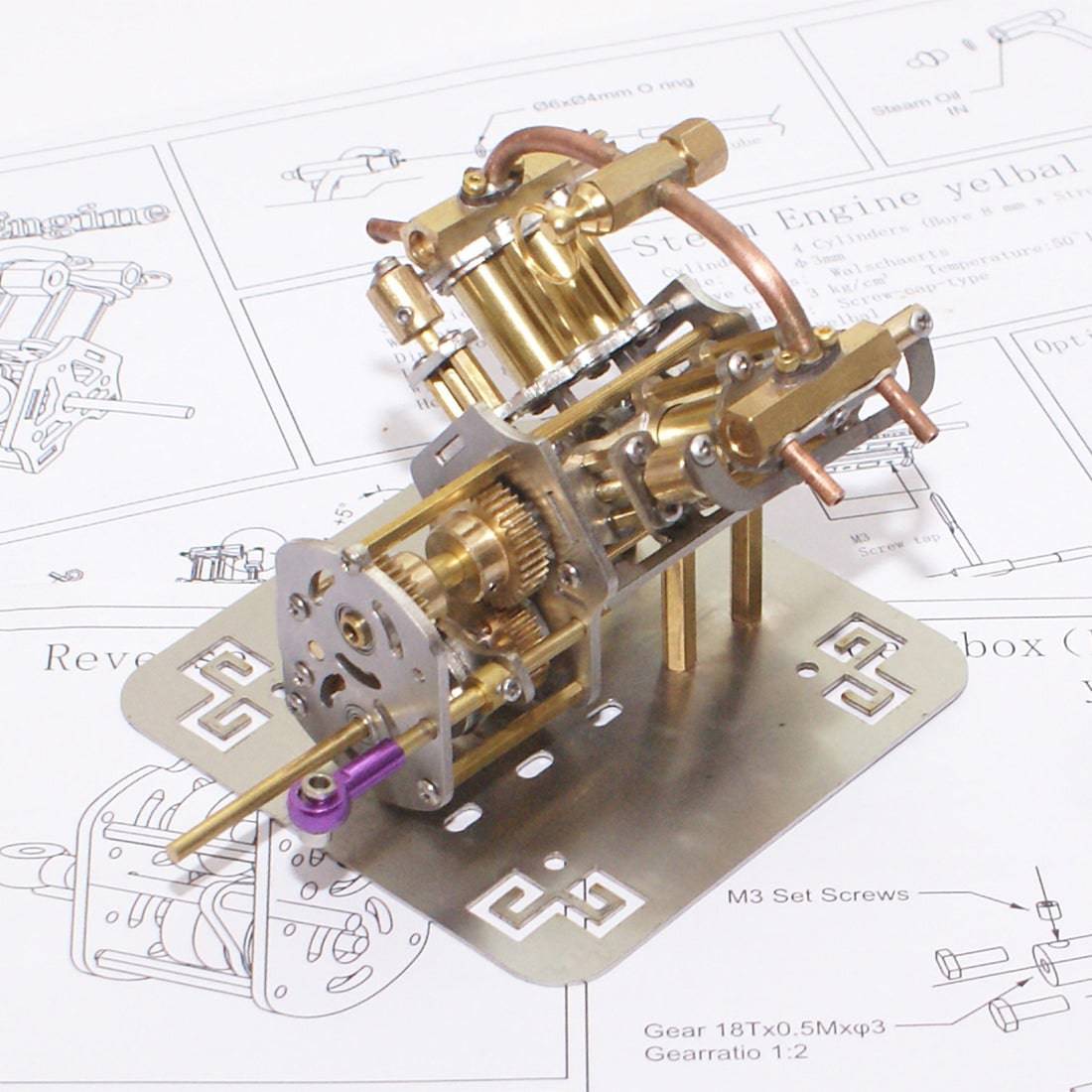 HelloWorld7-Mini V4 Brass Steam Engine Model Reverse Gearbox (without Boiler)