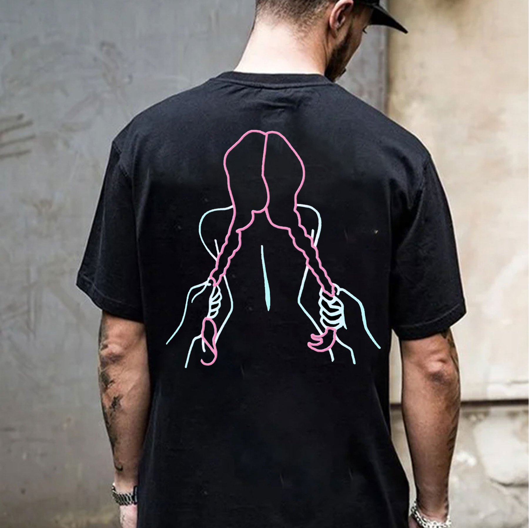 A Girl with a Long Braid Linear Black Print T-shirt