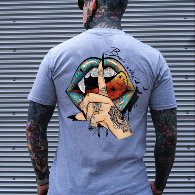 Keep Silence Gothic Style Lips Print Men's T-shirt