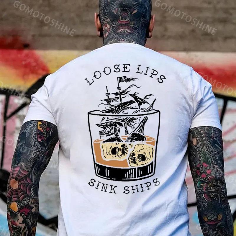 LOOSE LIPS SINK SHIPS Skulls Ship in the Water Graphic White Print T-shirt
