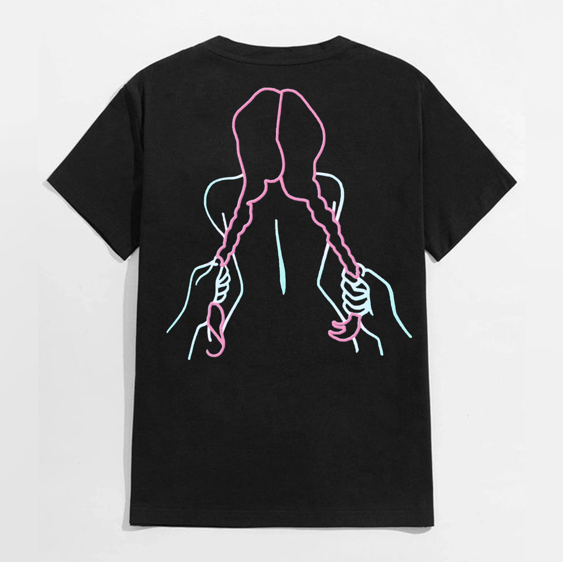 A Girl with a Long Braid Linear Black Print T-shirt