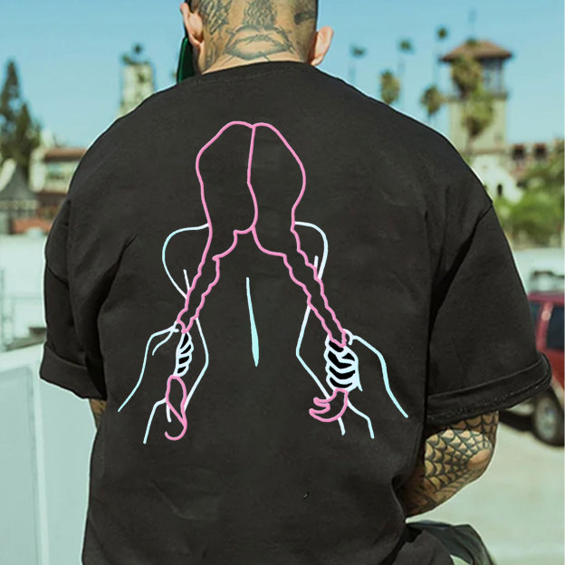 A Girl with a Long Braid Linear Black Print T-shirt
