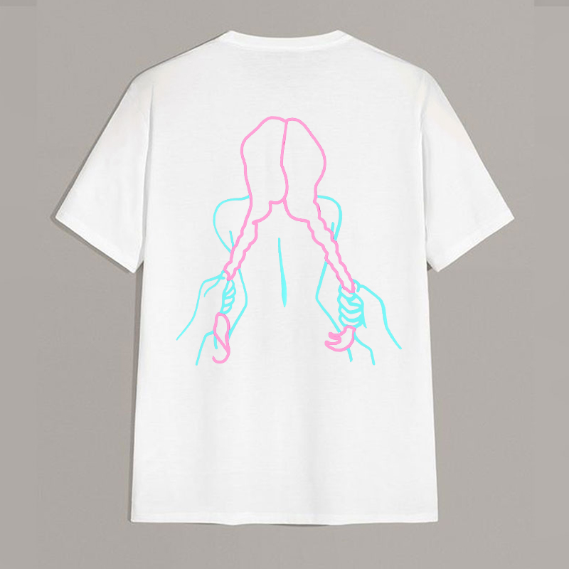 A Girl with a Long Braid Linear Black Print T-shirt