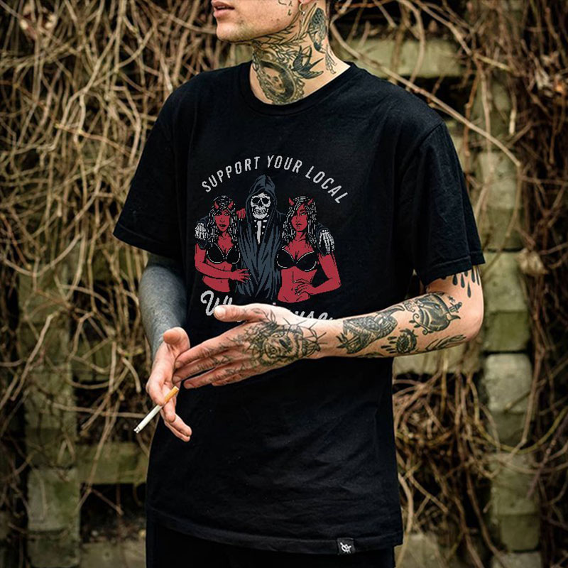 SUPPORT YOUR LOCAL Skull and Women Black Print T-shirt