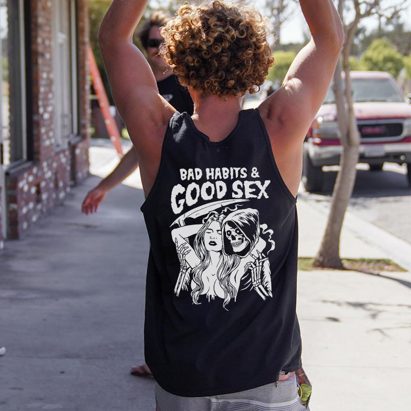 BAD HABITS & GOOD S*X Skull with S*xy Lady Black Print Vest