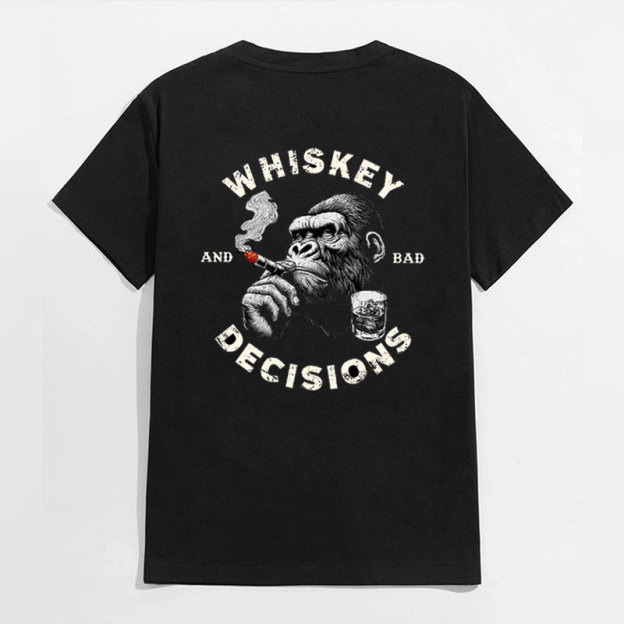 WHISKEY AND BAD DECISIONS Chimpanzee Black Print T-shirt