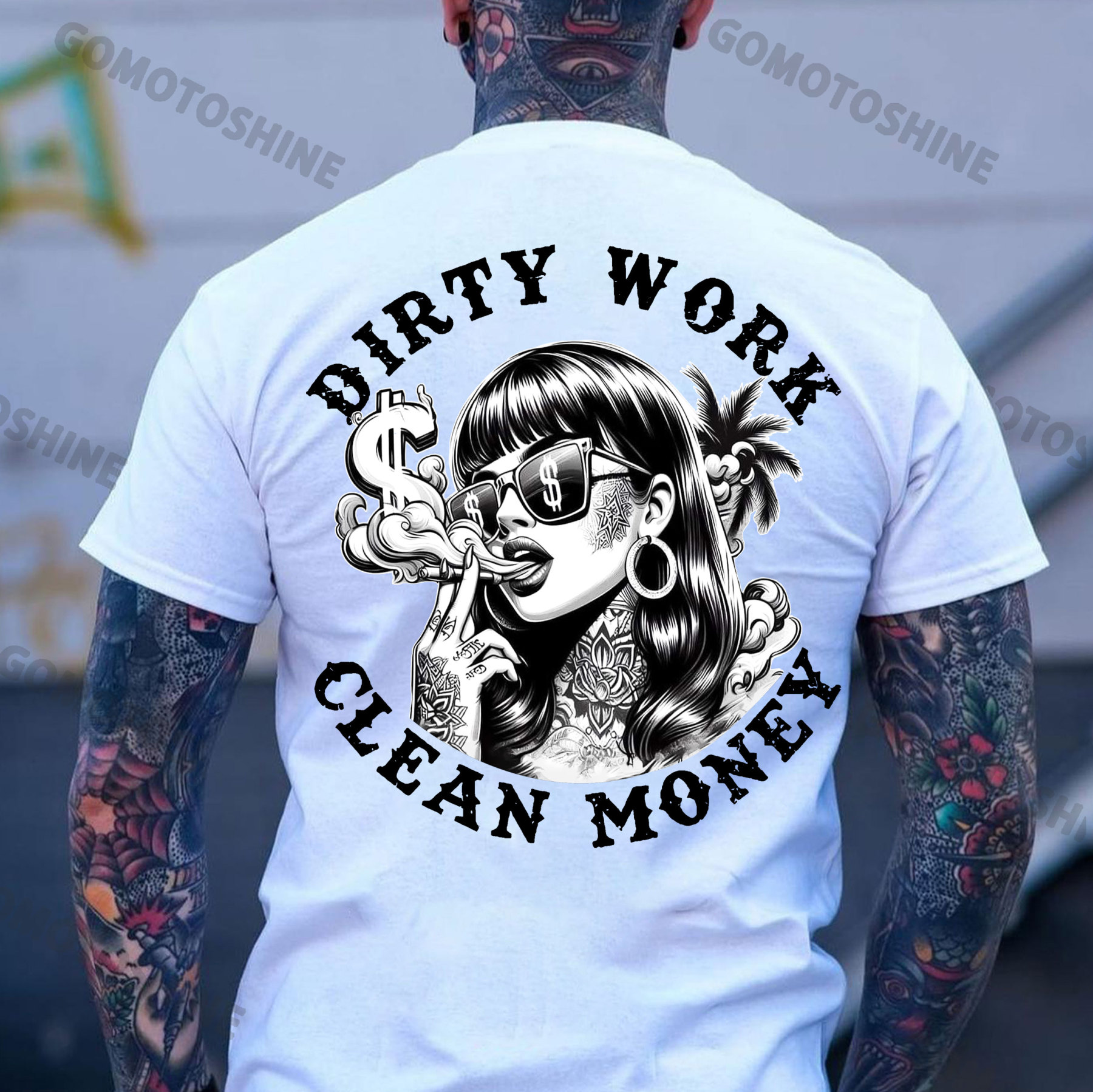 DIRTY WORK CLEAN MONEY Smoking Tattooed Lady Print Men's T-Shirt