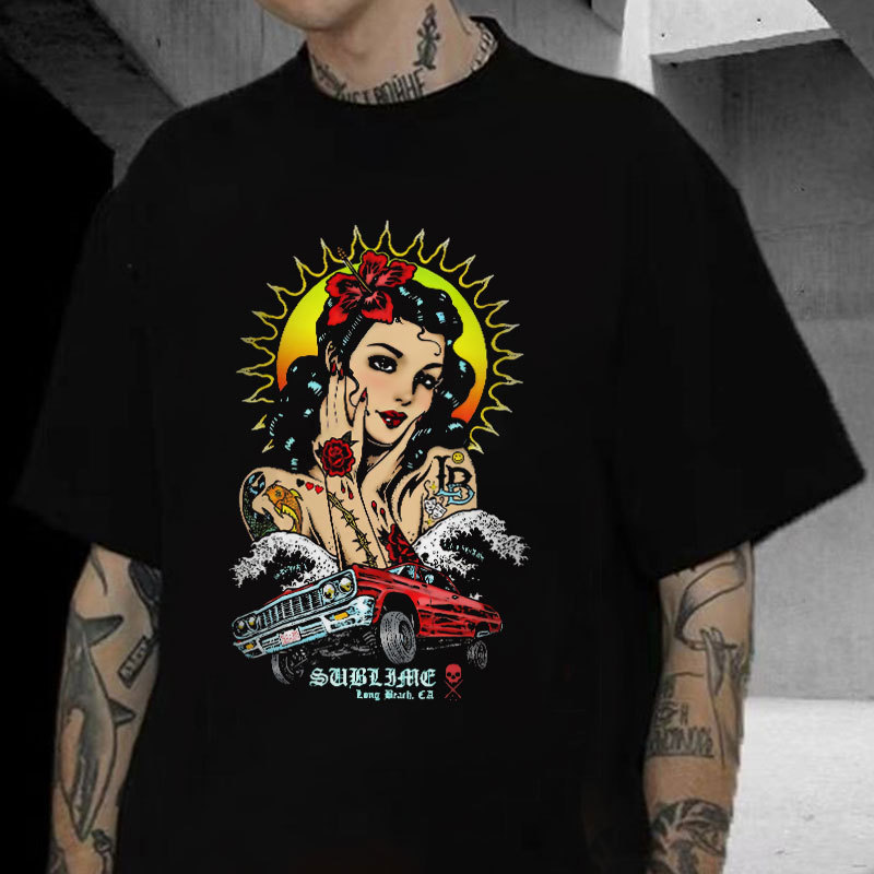 Retro Girl Poster Casual Design Graphic Black Print T-shirt