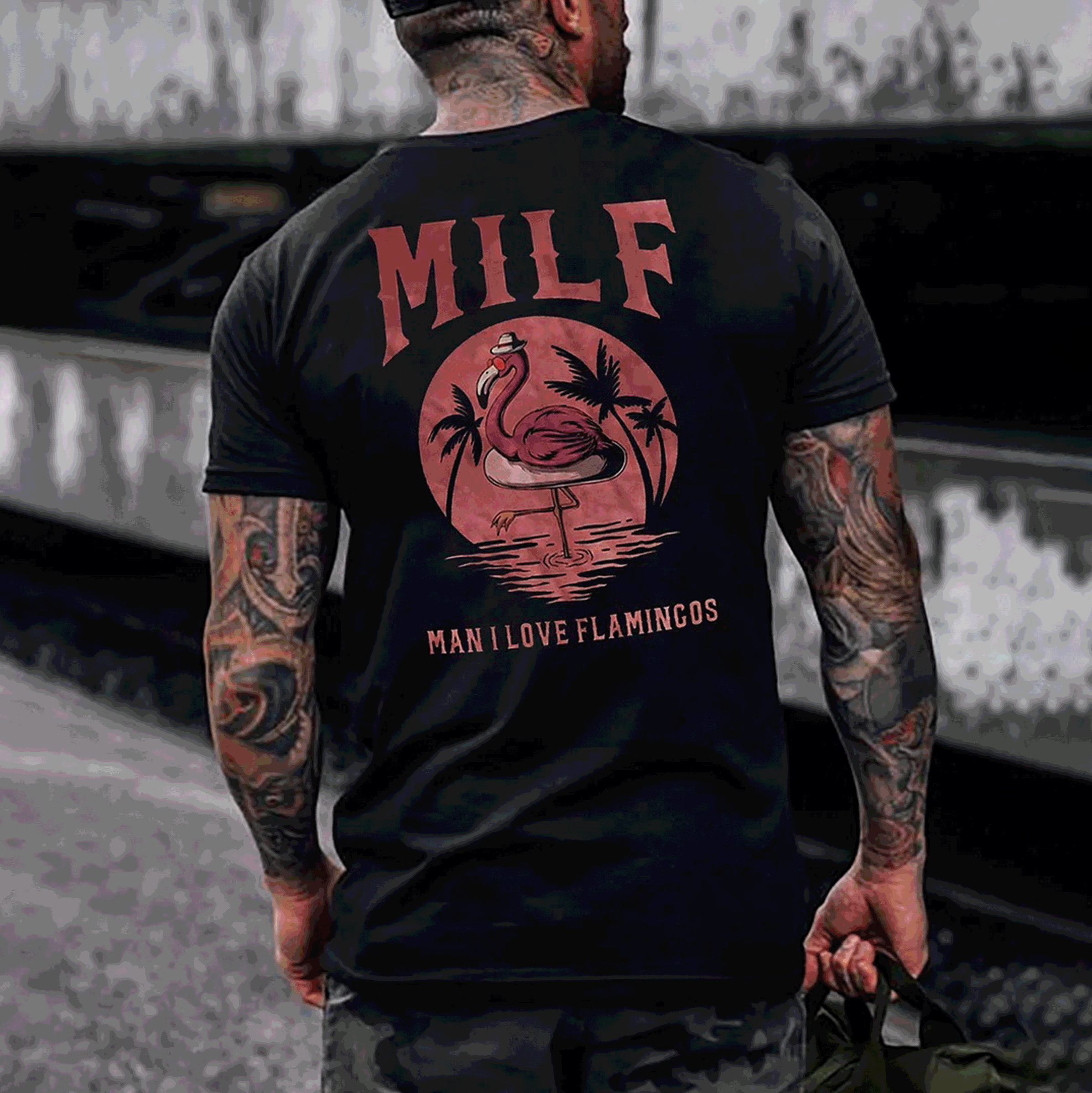 MILF MAN I LOVE FLAMINGOS Graphic Black Print T-shirt