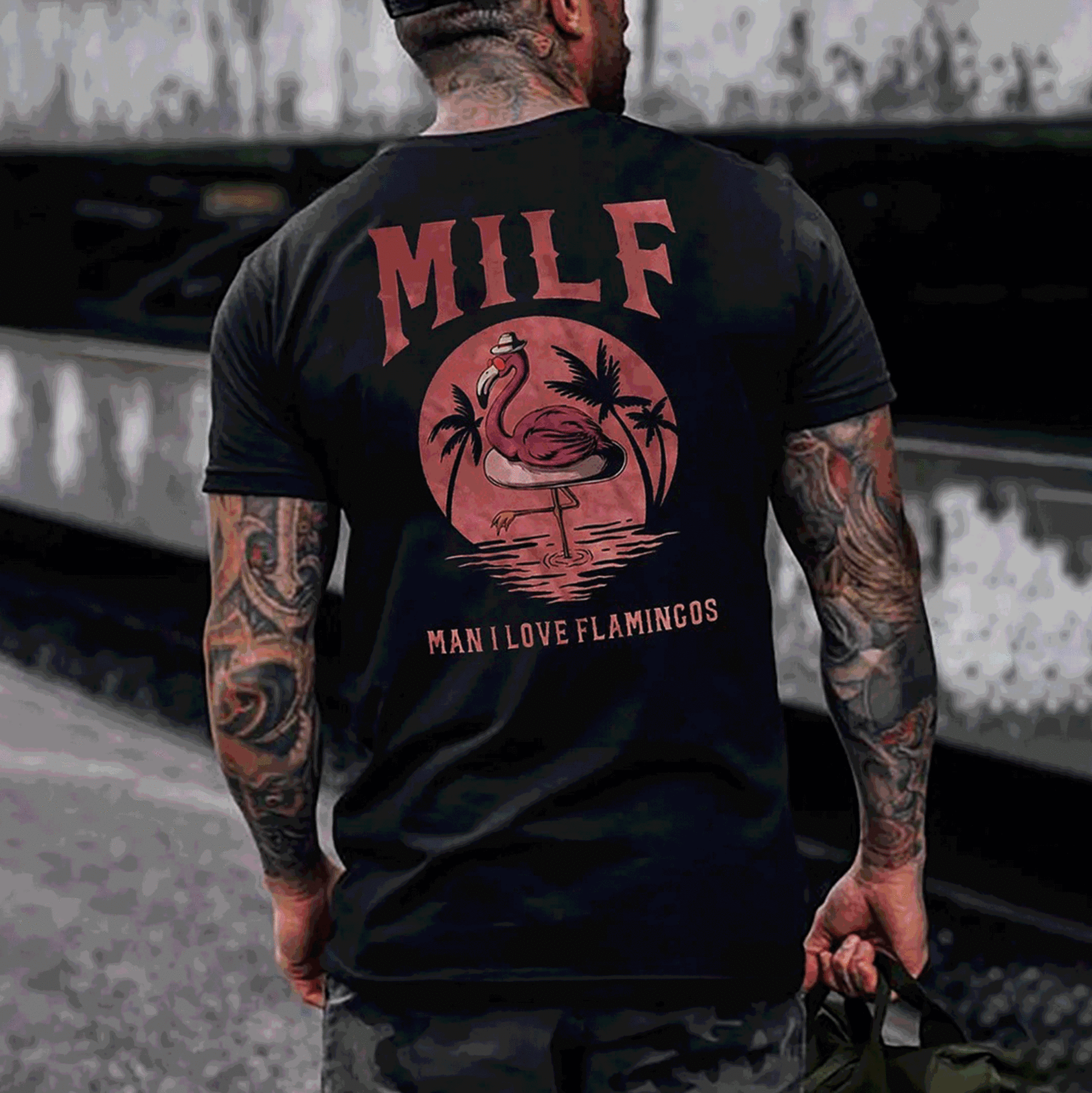 MILF MAN I LOVE FLAMINGOS Graphic Black Print T-shirt