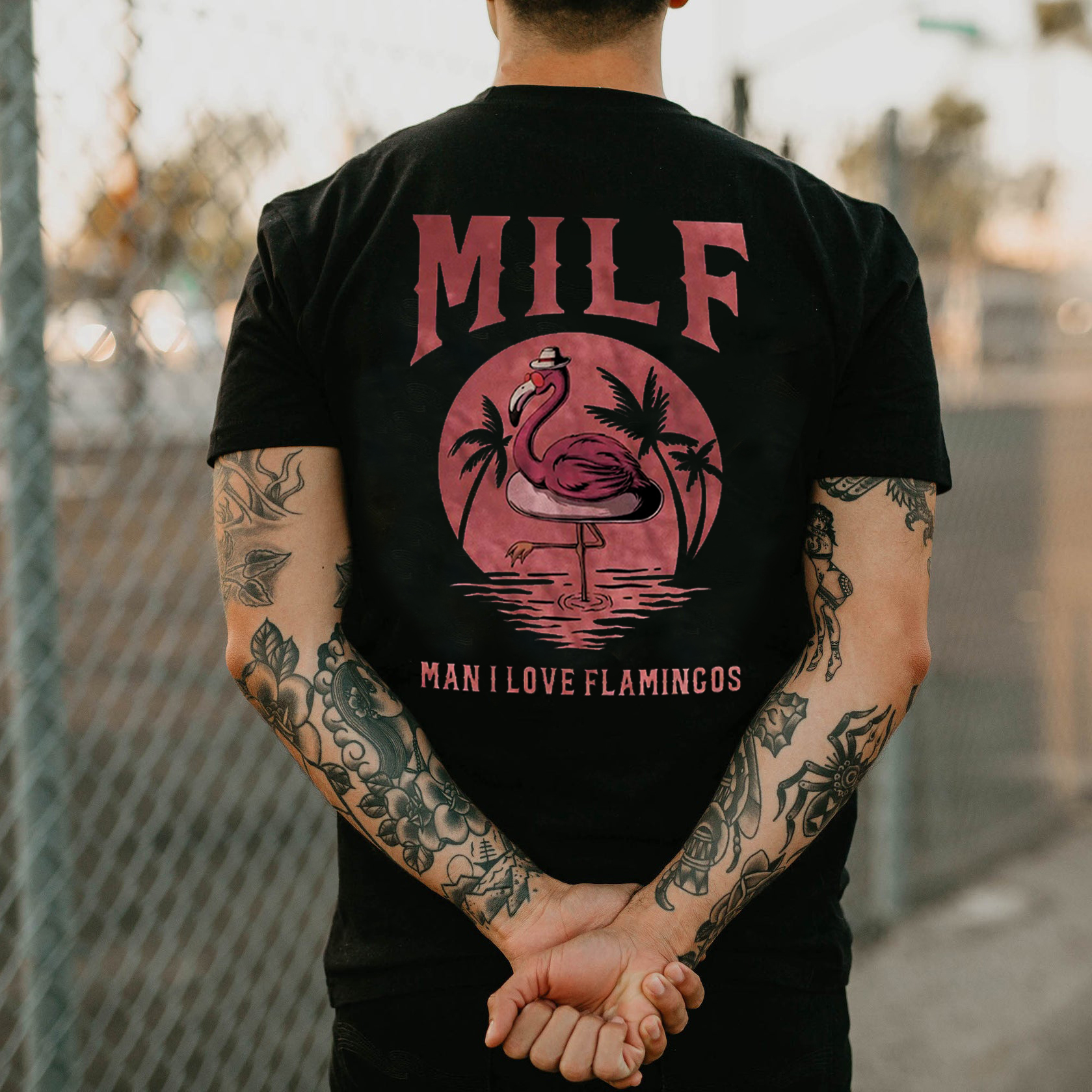 MILF MAN I LOVE FLAMINGOS Graphic Black Print T-shirt