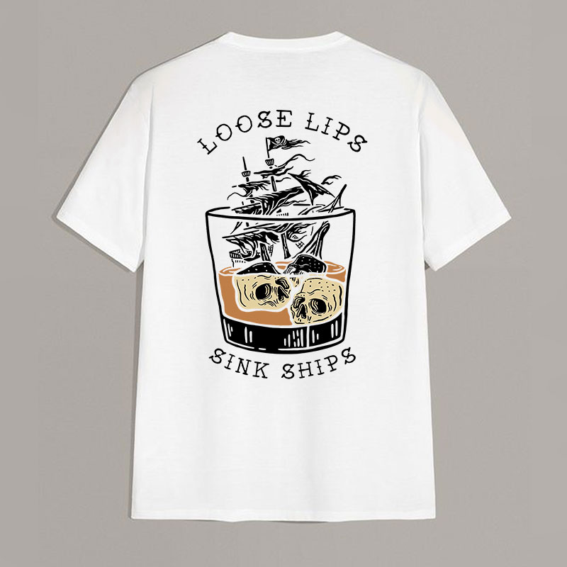 LOOSE LIPS SINK SHIPS Skulls Ship in the Water Graphic White Print T-shirt