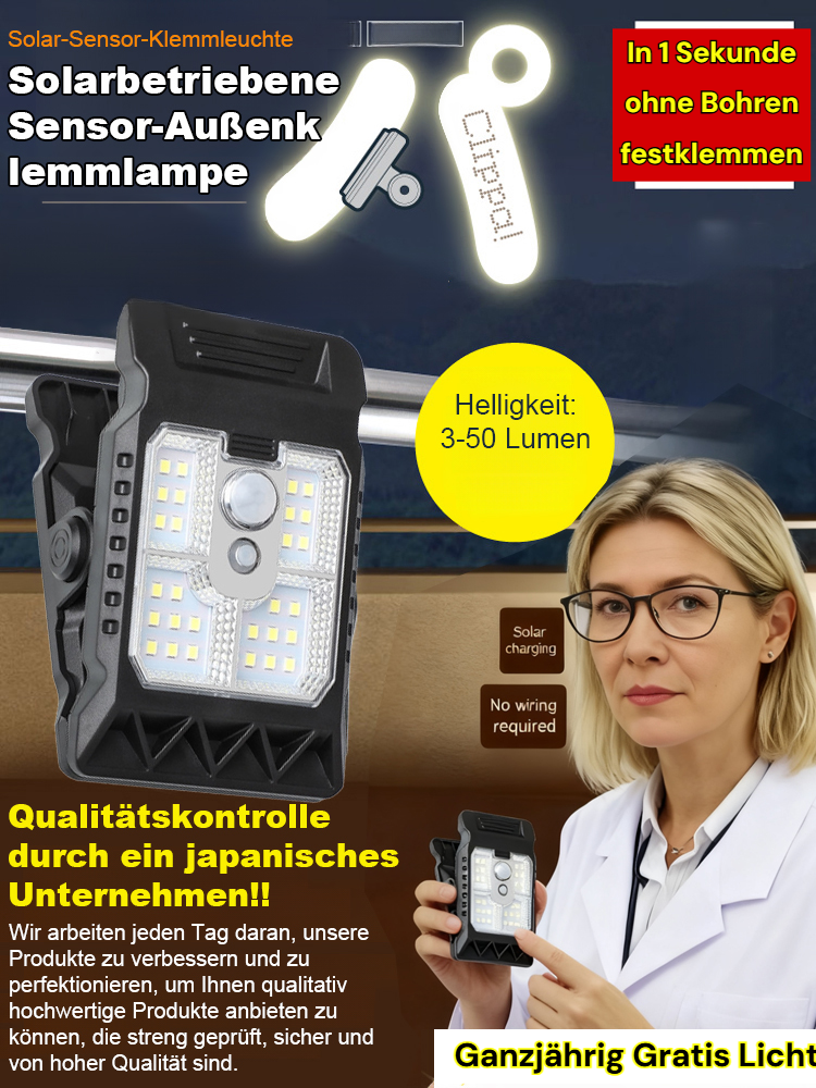 【Ganzjährig Gratis Licht】Solarbetriebene Sensor-Außenklemmlampe