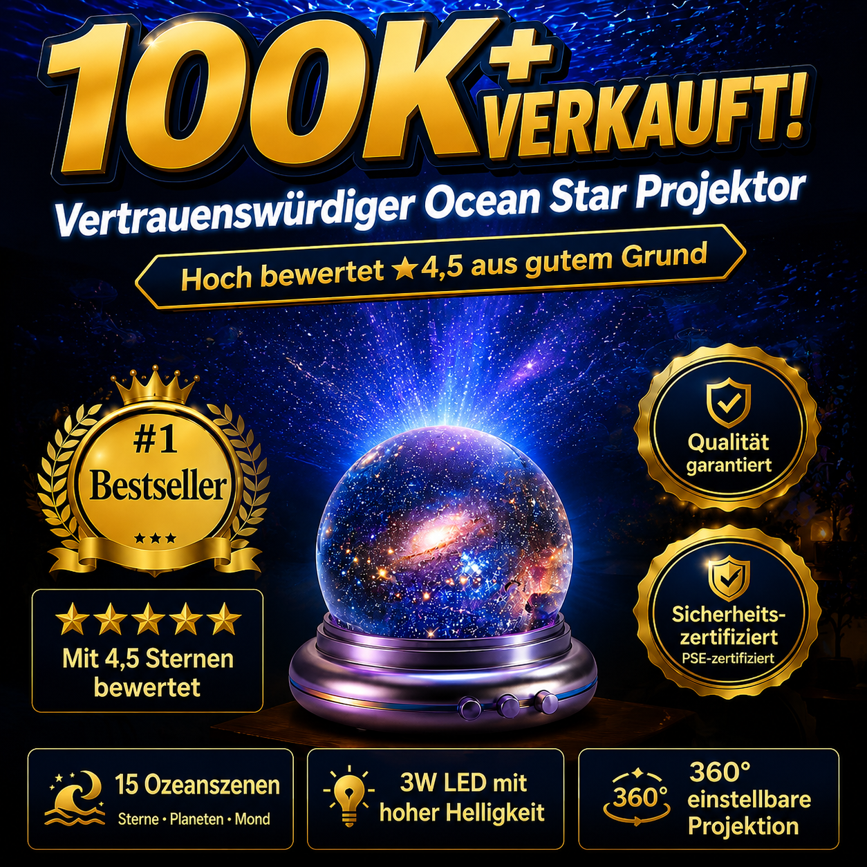 Topacme™ Tiefsee & Sternen Hologramm-Projektor: Ultra-HD 5D-Projektionstechnik für dein Zuhause & Auto – in nur 1 Sekunde ein echtes Aquarium!