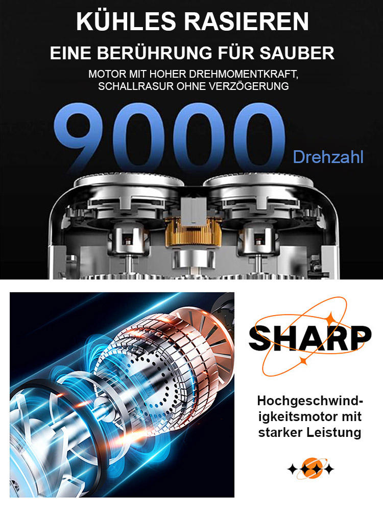 Tragbarer elektrischer Rasierer mit Doppelkopf. Der um 360° drehbare Kopf hinterlässt keine Stoppeln. Eine Ladung reicht für 30 Tage!