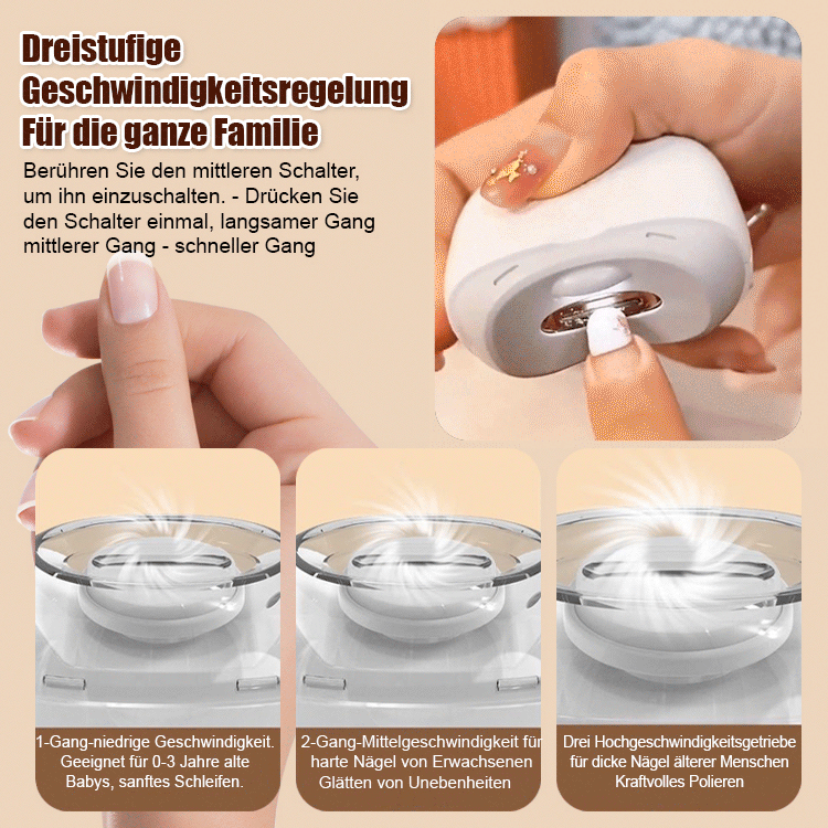 Beide Hände in einer Minute pflegen. Für jedes Alter geeignet! Elektrische Nagelfeile.