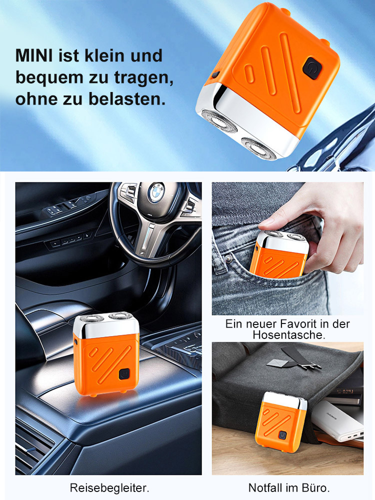 Tragbarer elektrischer Rasierer mit Doppelkopf. Der um 360° drehbare Kopf hinterlässt keine Stoppeln. Eine Ladung reicht für 30 Tage!