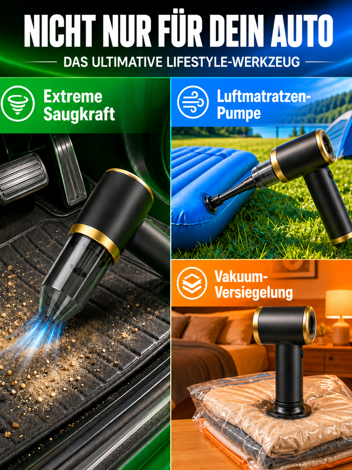 Tragbarer Auto-Fugenstaubsauger : Pusten, saugen, aufpumpen, entlüften! Ein Gerät für all deine täglichen Bedarfe!