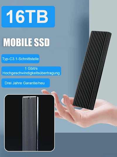 16TB großer Speicher Type-C tragbare Mini-SSD | Plug & Play für iPhone 15/16, Mac, PC & PS5 I Robustes IP54-Design