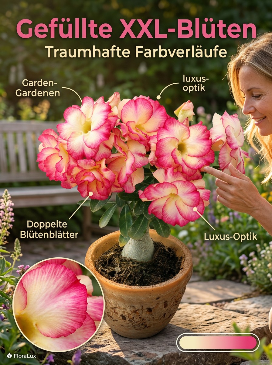【25 Tage bis zur Blüte】Wüstenrose Knolle mit Trieb 🌺 | -20°C bis 40°C Extrem Robust | 300 Tage Dauerblüher | 100 Jahre Lebensdauer | Mit 100% Anwachsgarantie