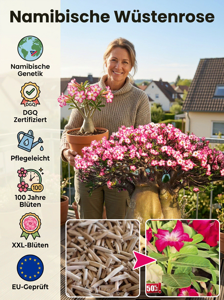 【25 Tage bis zur Blüte】Wüstenrose Knolle mit Trieb 🌺 | -20°C bis 40°C Extrem Robust | 300 Tage Dauerblüher | 100 Jahre Lebensdauer | Mit 100% Anwachsgarantie